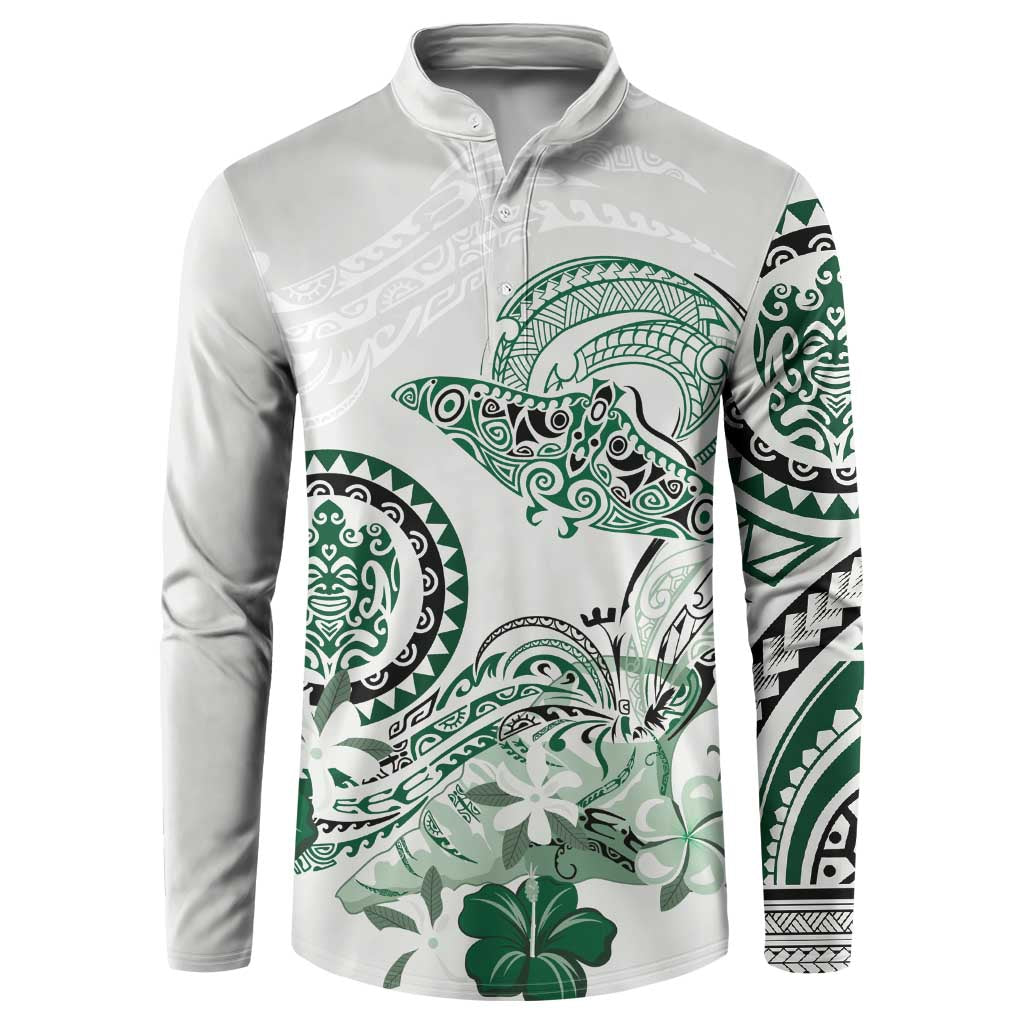 Polynesian Manta Ray Button Sweatshirt Green Floral Turtle Tattoo LT9 Green - Polynesian Pride