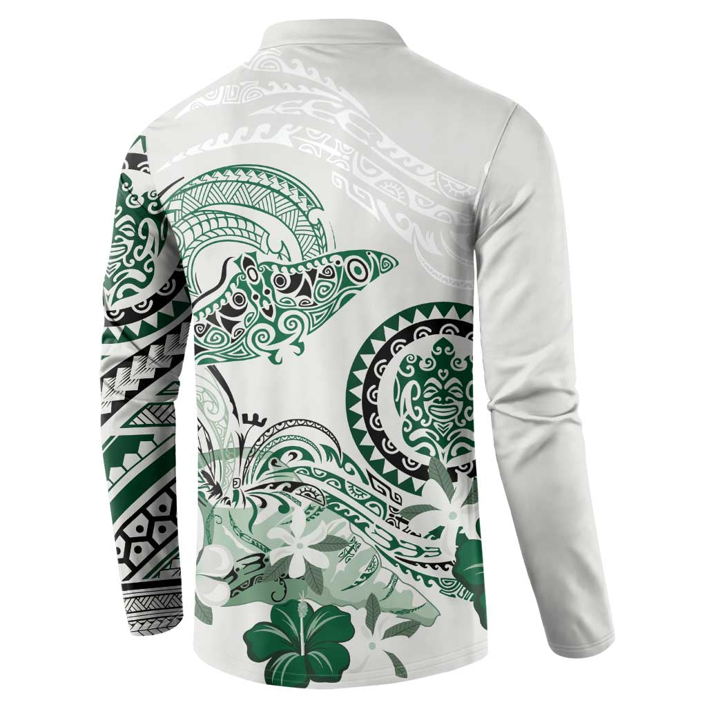 Polynesian Manta Ray Button Sweatshirt Green Floral Turtle Tattoo LT9 - Polynesian Pride