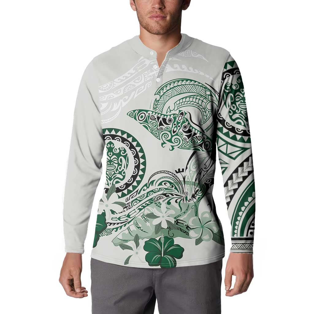 Polynesian Manta Ray Button Sweatshirt Green Floral Turtle Tattoo LT9 - Polynesian Pride