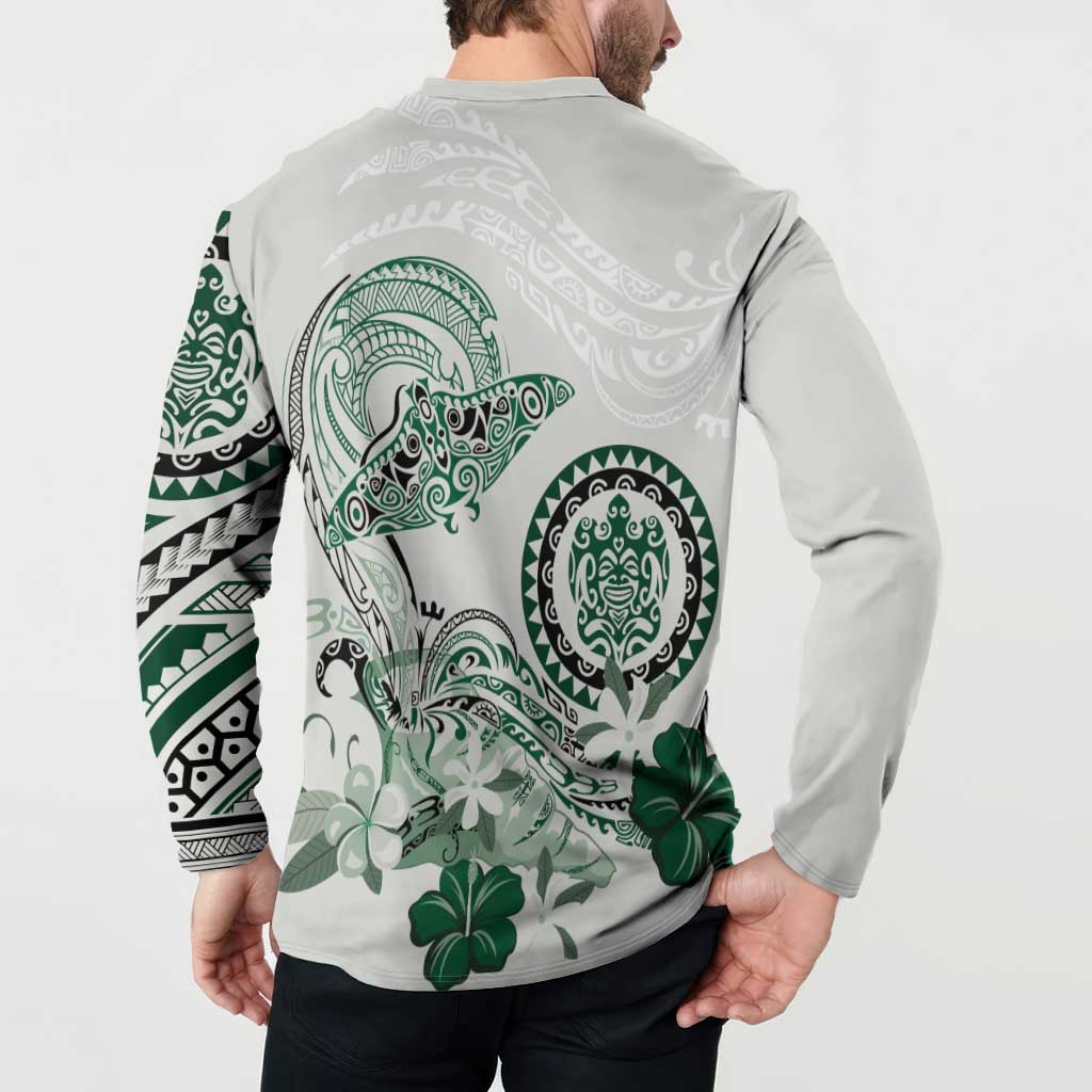 Polynesian Manta Ray Button Sweatshirt Green Floral Turtle Tattoo LT9 - Polynesian Pride