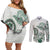 Polynesian Manta Ray Couples Matching Off Shoulder Short Dress and Long Sleeve Button Shirt Green Floral Turtle Tattoo - Polynesian Pride