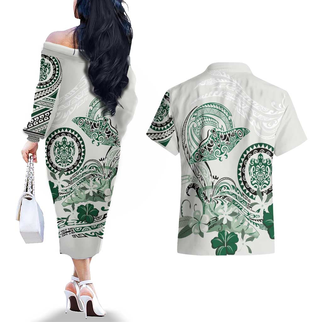 Polynesian Manta Ray Couples Matching Off The Shoulder Long Sleeve Dress and Hawaiian Shirt Green Floral Turtle Tattoo - Polynesian Pride