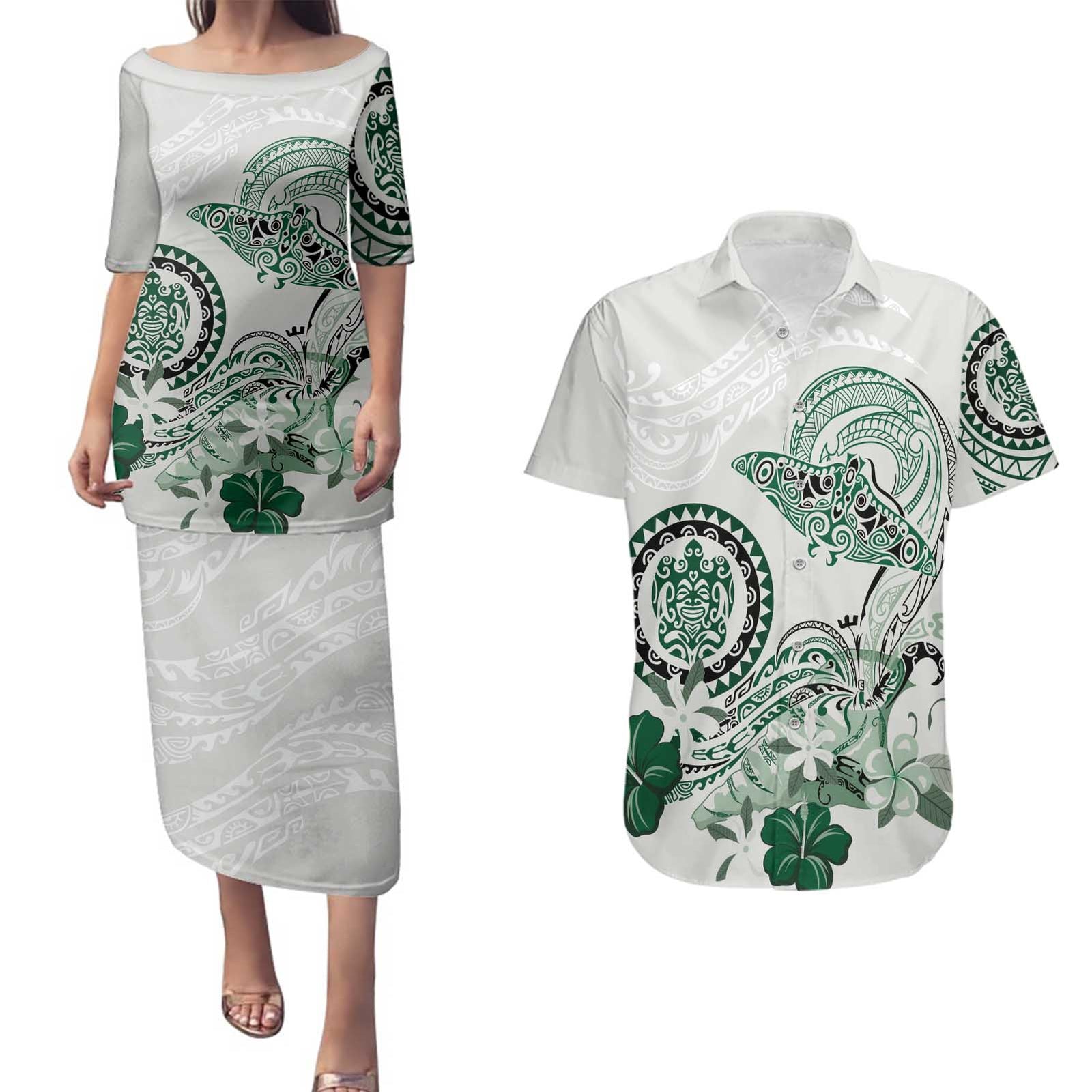 Polynesian Manta Ray Couples Matching Puletasi and Hawaiian Shirt Green Floral Turtle Tattoo LT9 Green - Polynesian Pride