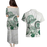 Polynesian Manta Ray Couples Matching Puletasi and Hawaiian Shirt Green Floral Turtle Tattoo LT9 - Polynesian Pride