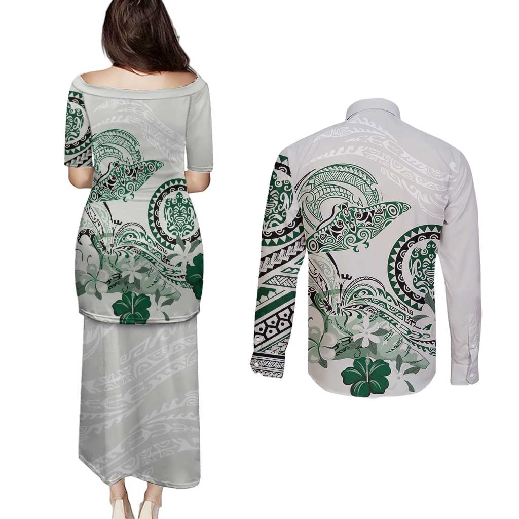Polynesian Manta Ray Couples Matching Puletasi and Long Sleeve Button Shirt Green Floral Turtle Tattoo LT9 - Polynesian Pride