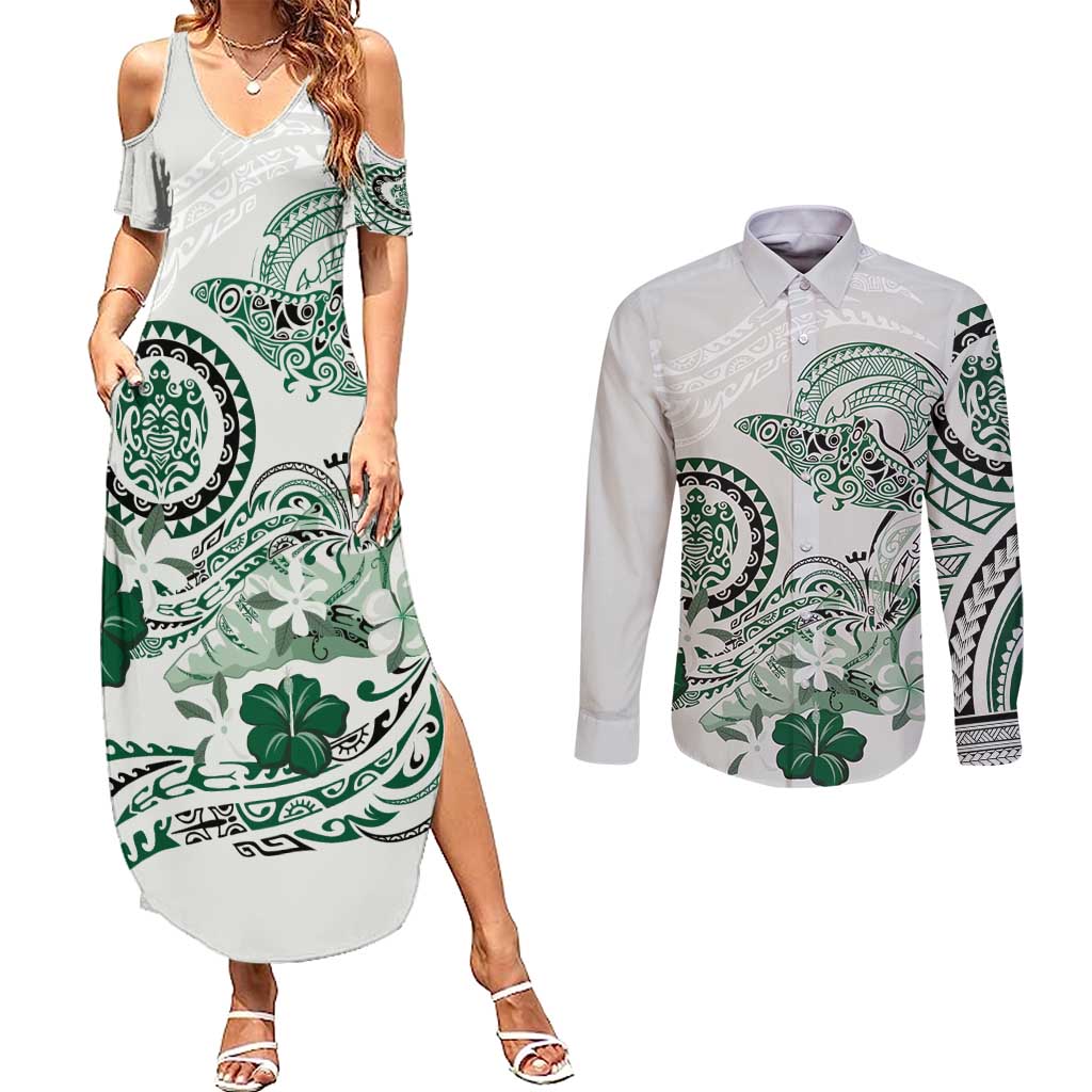 Polynesian Manta Ray Couples Matching Summer Maxi Dress and Long Sleeve Button Shirt Green Floral Turtle Tattoo LT9 Green - Polynesian Pride