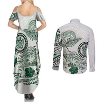 Polynesian Manta Ray Couples Matching Summer Maxi Dress and Long Sleeve Button Shirt Green Floral Turtle Tattoo LT9 - Polynesian Pride