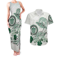 Polynesian Manta Ray Couples Matching Tank Maxi Dress and Hawaiian Shirt Green Floral Turtle Tattoo - Polynesian Pride
