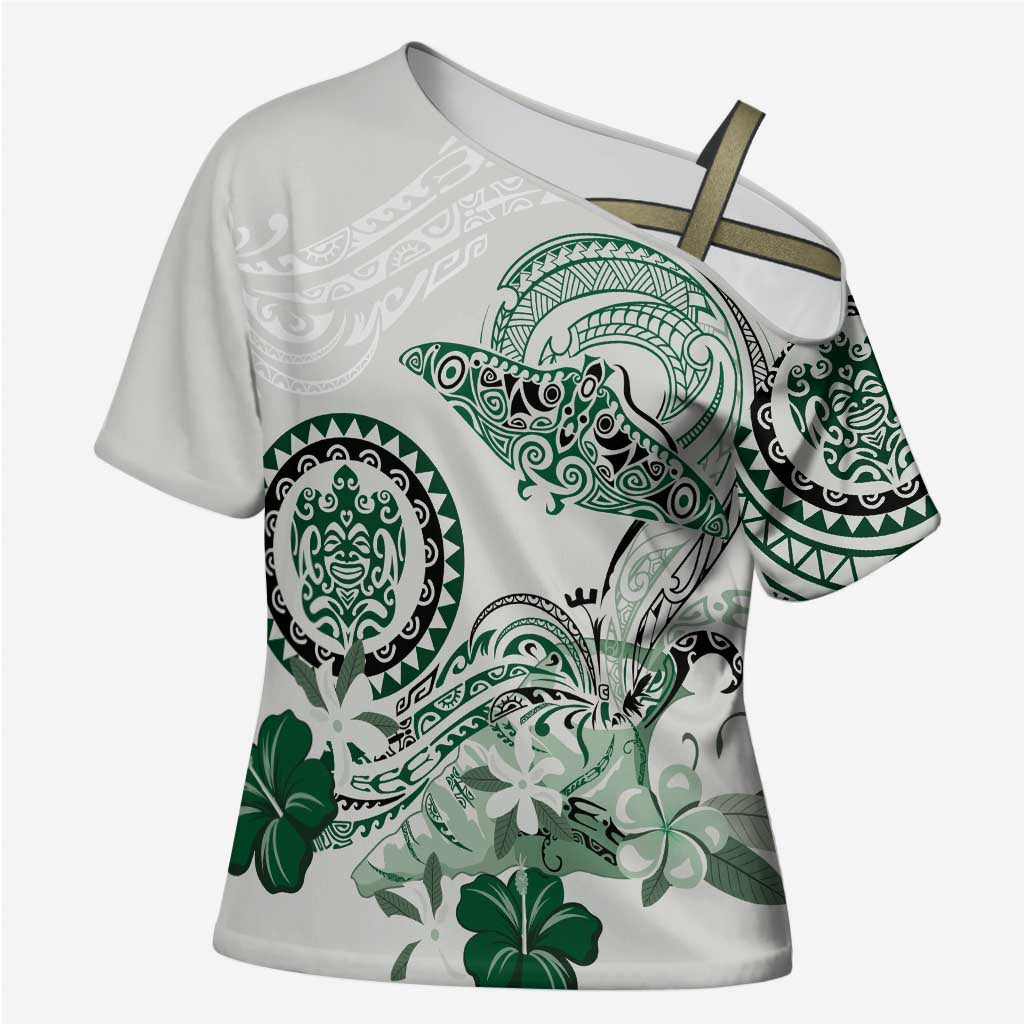 Polynesian Manta Ray Cross Shoulder Shirt Green Floral Turtle Tattoo LT9 Female Green - Polynesian Pride