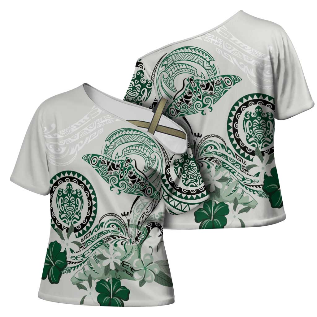 Polynesian Manta Ray Cross Shoulder Shirt Green Floral Turtle Tattoo LT9 - Polynesian Pride