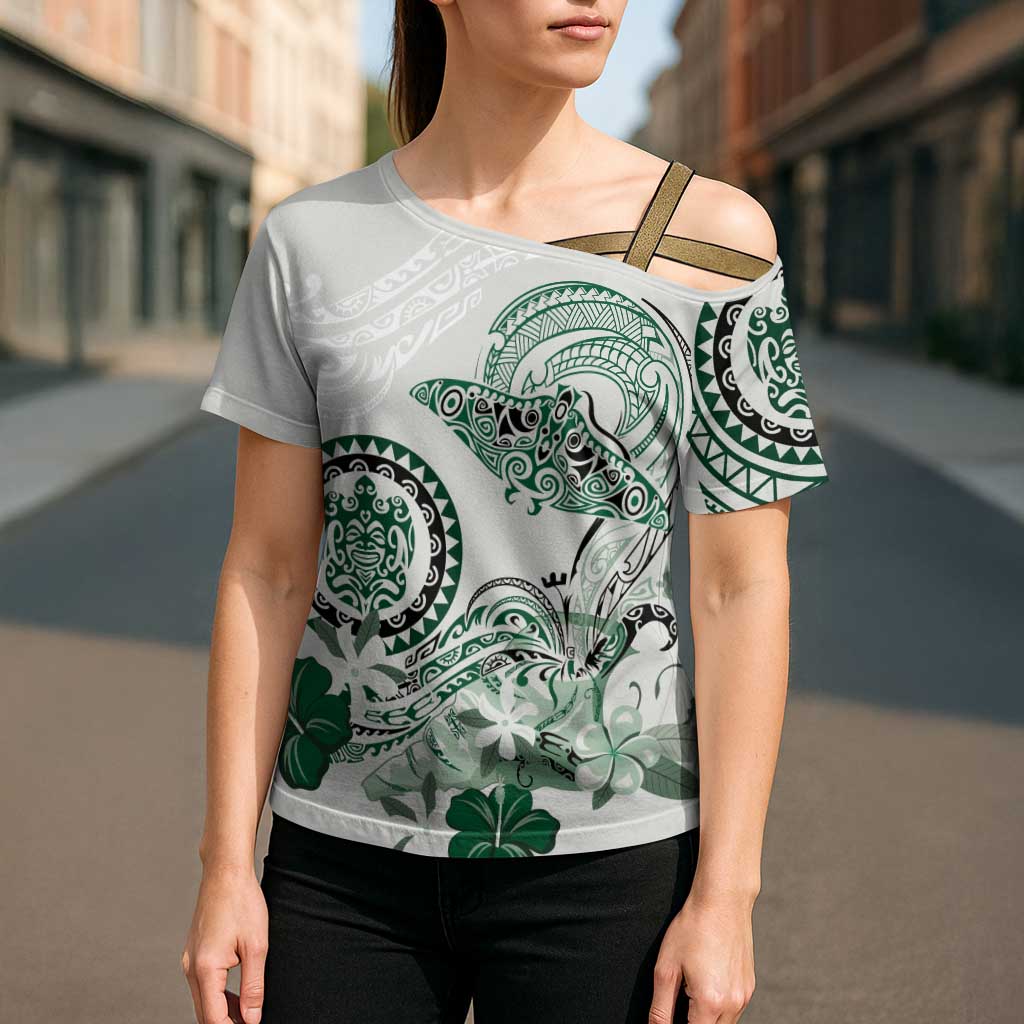 Polynesian Manta Ray Cross Shoulder Shirt Green Floral Turtle Tattoo LT9 - Polynesian Pride