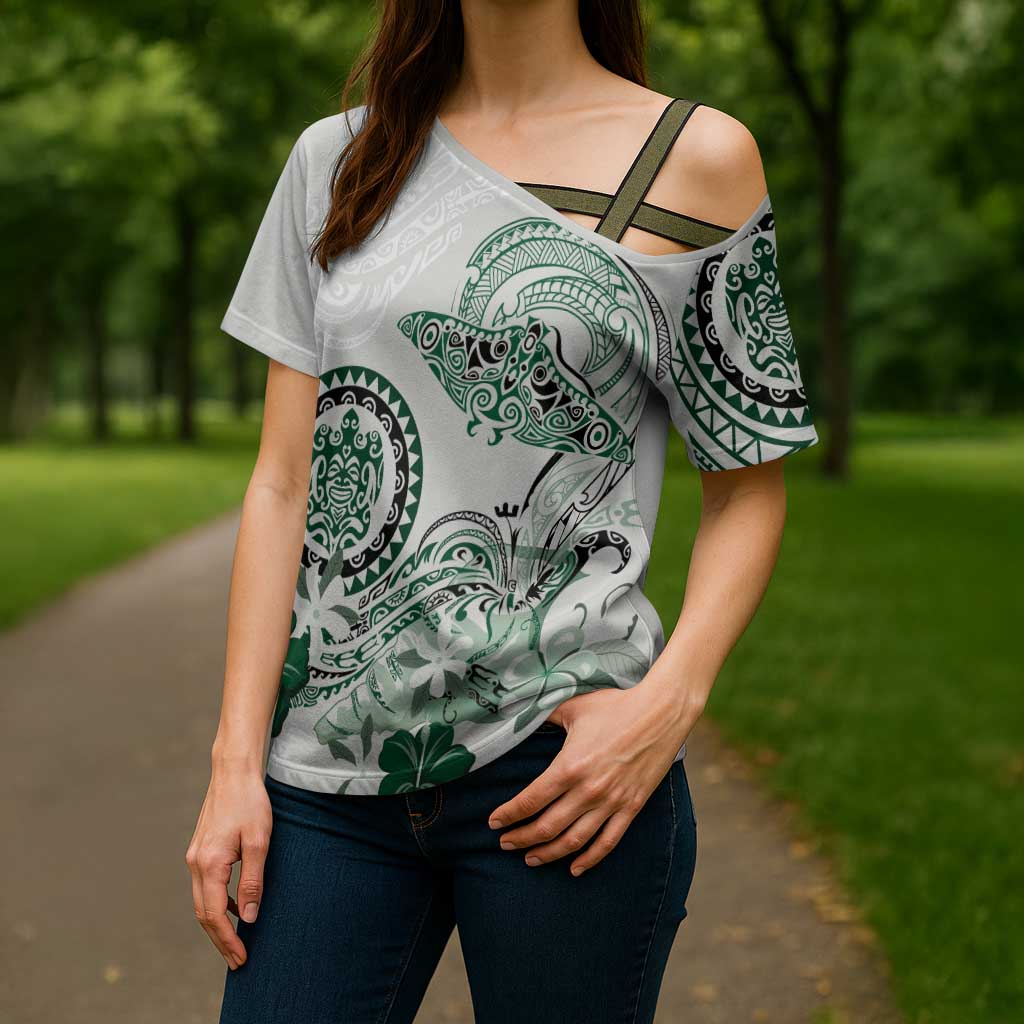 Polynesian Manta Ray Cross Shoulder Shirt Green Floral Turtle Tattoo LT9 - Polynesian Pride
