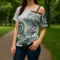 Polynesian Manta Ray Cross Shoulder Shirt Green Floral Turtle Tattoo LT9 - Polynesian Pride