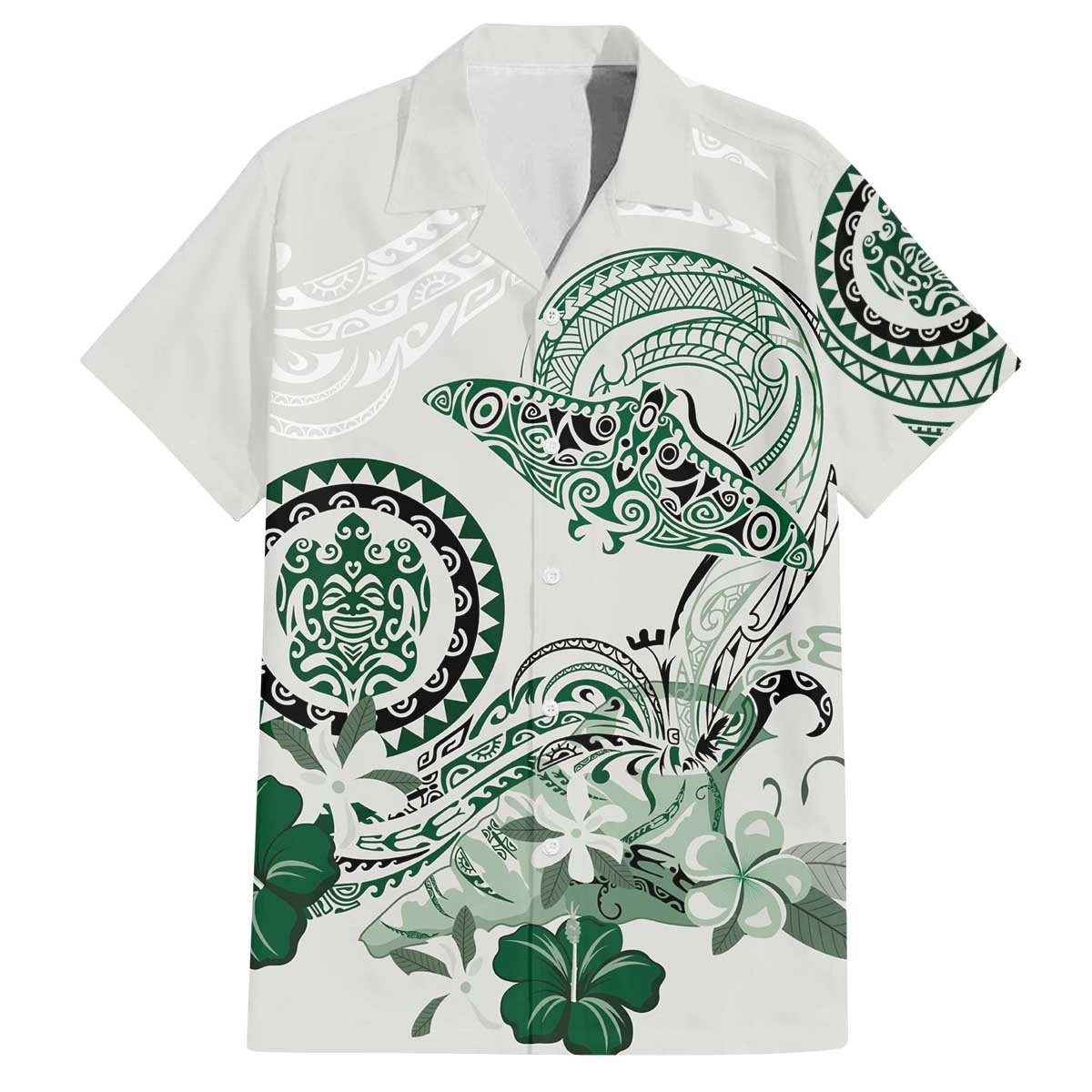 Polynesian Manta Ray Family Matching Off The Shoulder Long Sleeve Dress and Hawaiian Shirt Green Floral Turtle Tattoo - Polynesian Pride