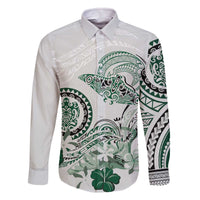 Polynesian Manta Ray Family Matching Off The Shoulder Long Sleeve Dress and Hawaiian Shirt Green Floral Turtle Tattoo - Polynesian Pride