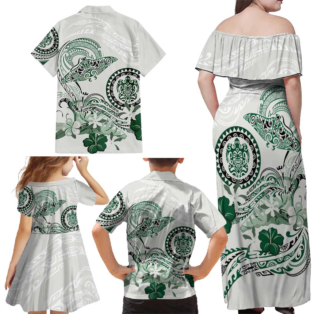 Polynesian Manta Ray Family Matching Off Shoulder Maxi Dress and Hawaiian Shirt Green Floral Turtle Tattoo - Polynesian Pride