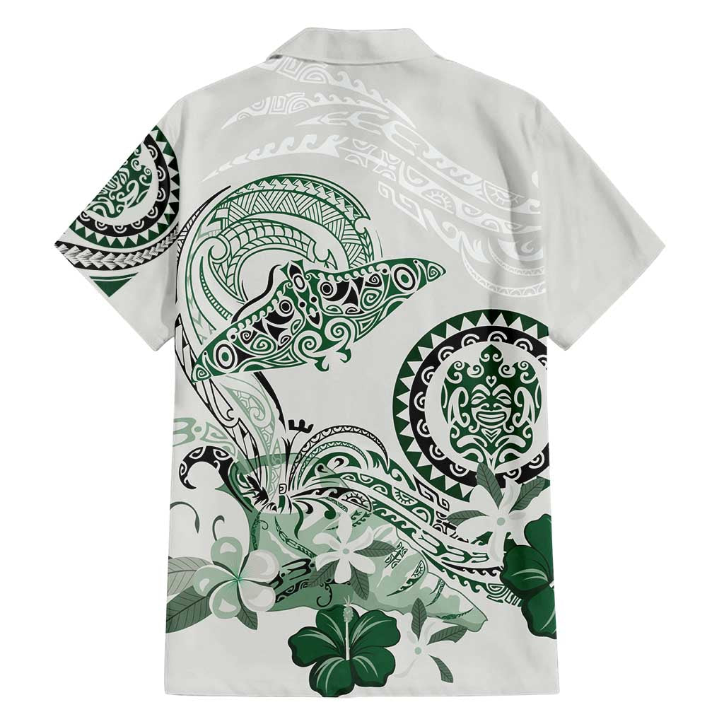 Polynesian Manta Ray Family Matching Off Shoulder Maxi Dress and Hawaiian Shirt Green Floral Turtle Tattoo - Polynesian Pride