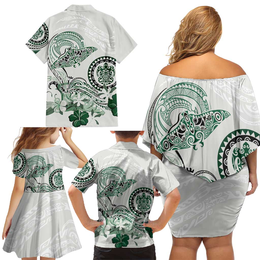 Polynesian Manta Ray Family Matching Off Shoulder Short Dress and Hawaiian Shirt Green Floral Turtle Tattoo - Polynesian Pride