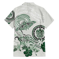Polynesian Manta Ray Family Matching Off Shoulder Short Dress and Hawaiian Shirt Green Floral Turtle Tattoo - Polynesian Pride