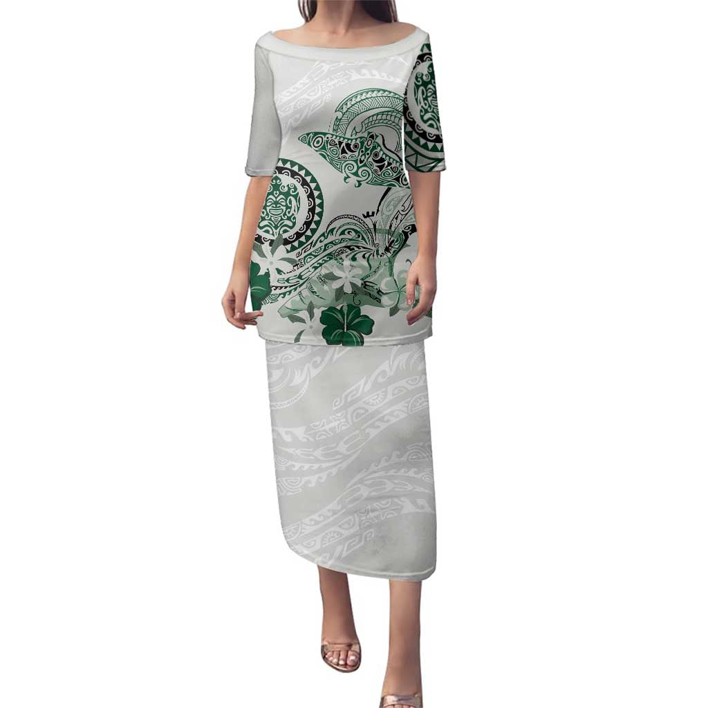 Polynesian Manta Ray Family Matching Puletasi and Hawaiian Shirt Green Floral Turtle Tattoo - Polynesian Pride