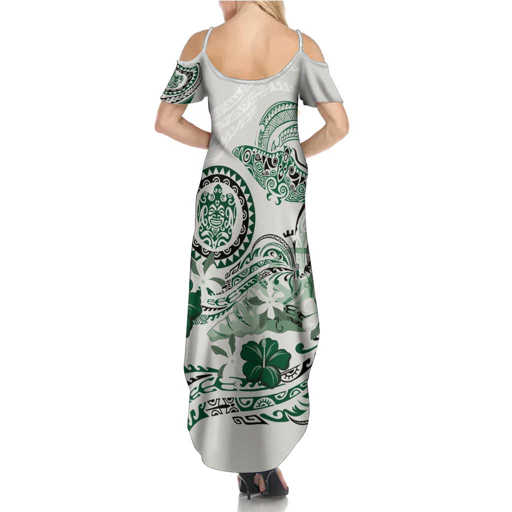 Polynesian Manta Ray Family Matching Summer Maxi Dress and Hawaiian Shirt Green Floral Turtle Tattoo - Polynesian Pride