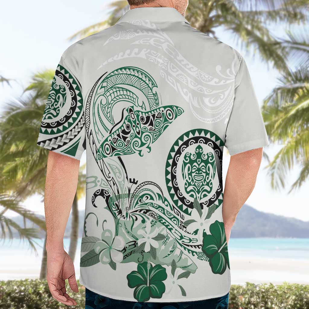 Polynesian Manta Ray Hawaiian Shirt Green Floral Turtle Tattoo - Polynesian Pride