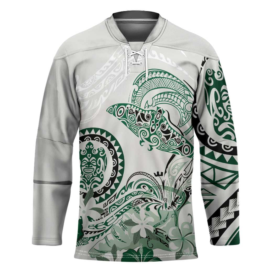 Polynesian Manta Ray Hockey Jersey Green Floral Turtle Tattoo LT9 Unisex Green - Polynesian Pride