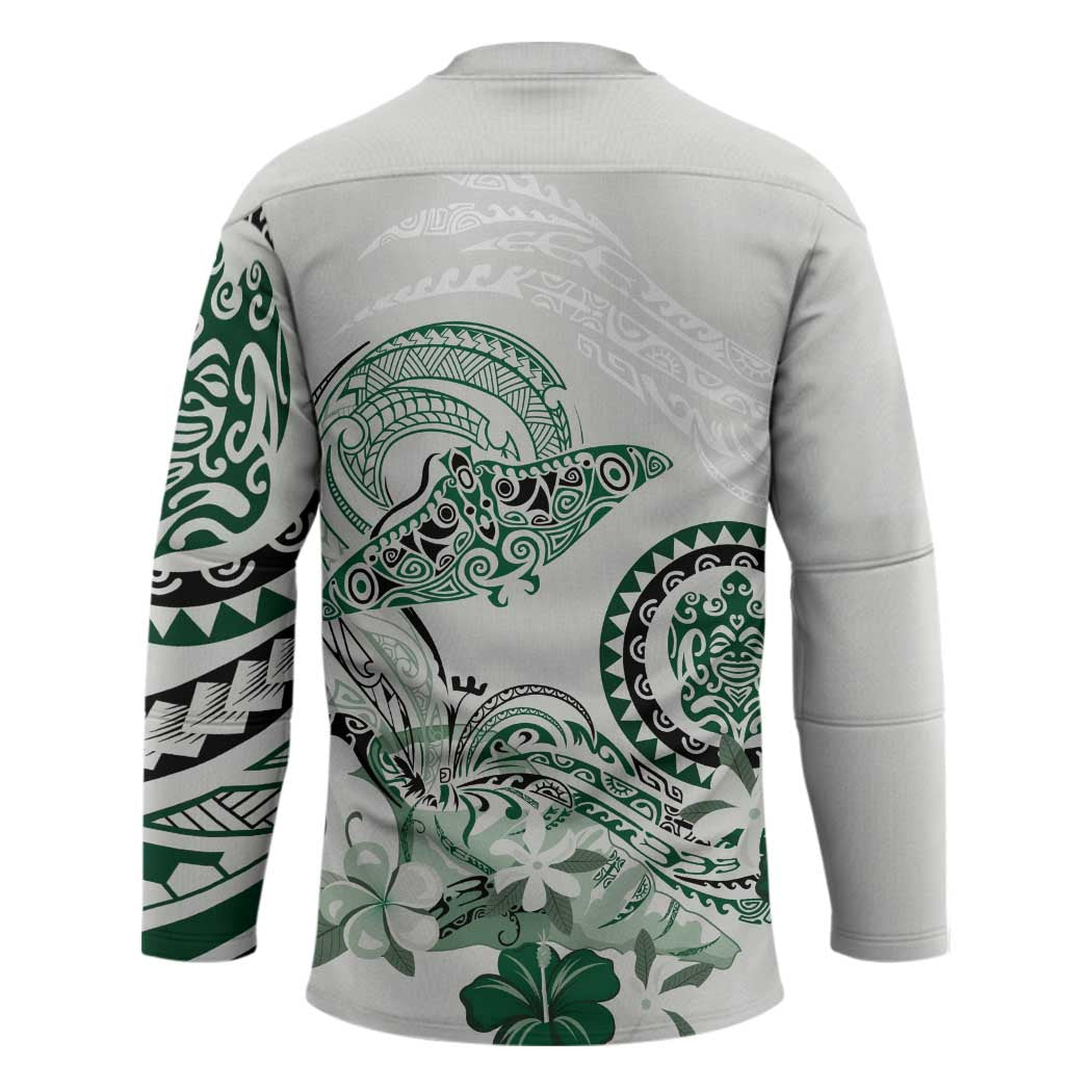 Polynesian Manta Ray Hockey Jersey Green Floral Turtle Tattoo LT9 - Polynesian Pride