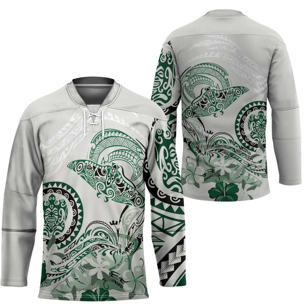 Polynesian Manta Ray Hockey Jersey Green Floral Turtle Tattoo LT9 - Polynesian Pride