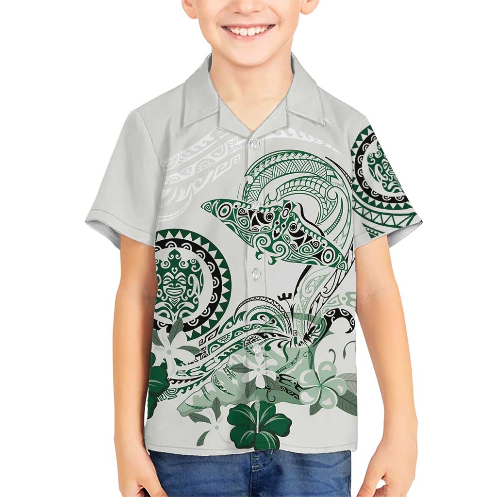 Polynesian Manta Ray Kid Hawaiian Shirt Green Floral Turtle Tattoo - Polynesian Pride