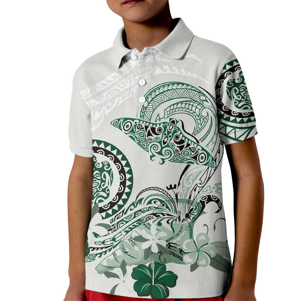Polynesian Manta Ray Kid Polo Shirt Green Floral Turtle Tattoo - Polynesian Pride