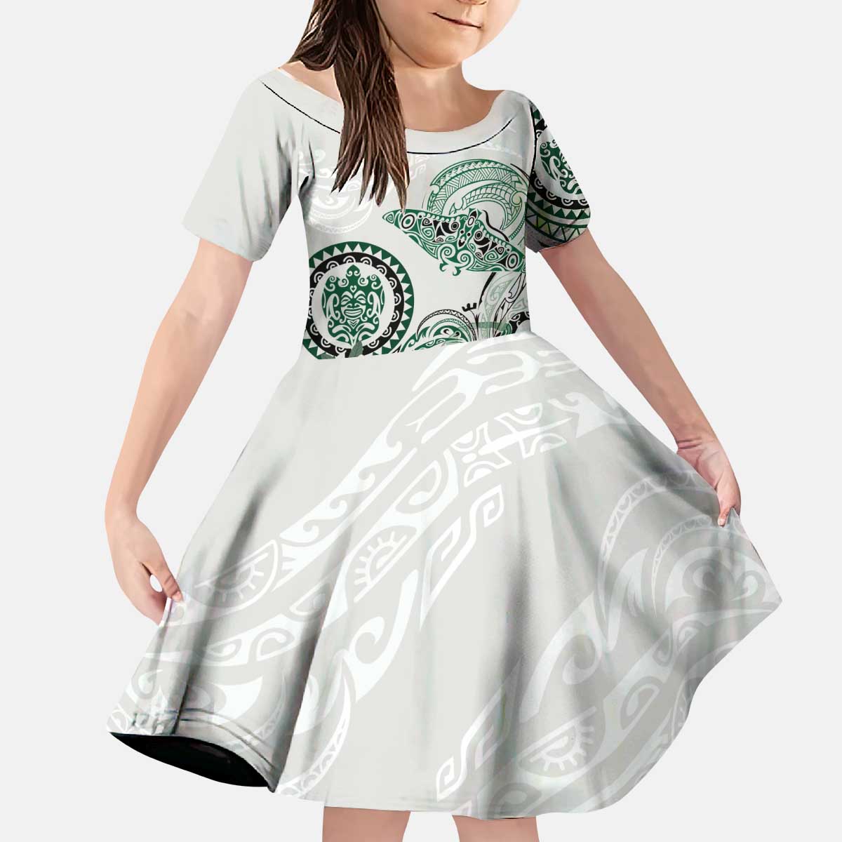 Polynesian Manta Ray Kid Short Sleeve Dress Green Floral Turtle Tattoo - Polynesian Pride