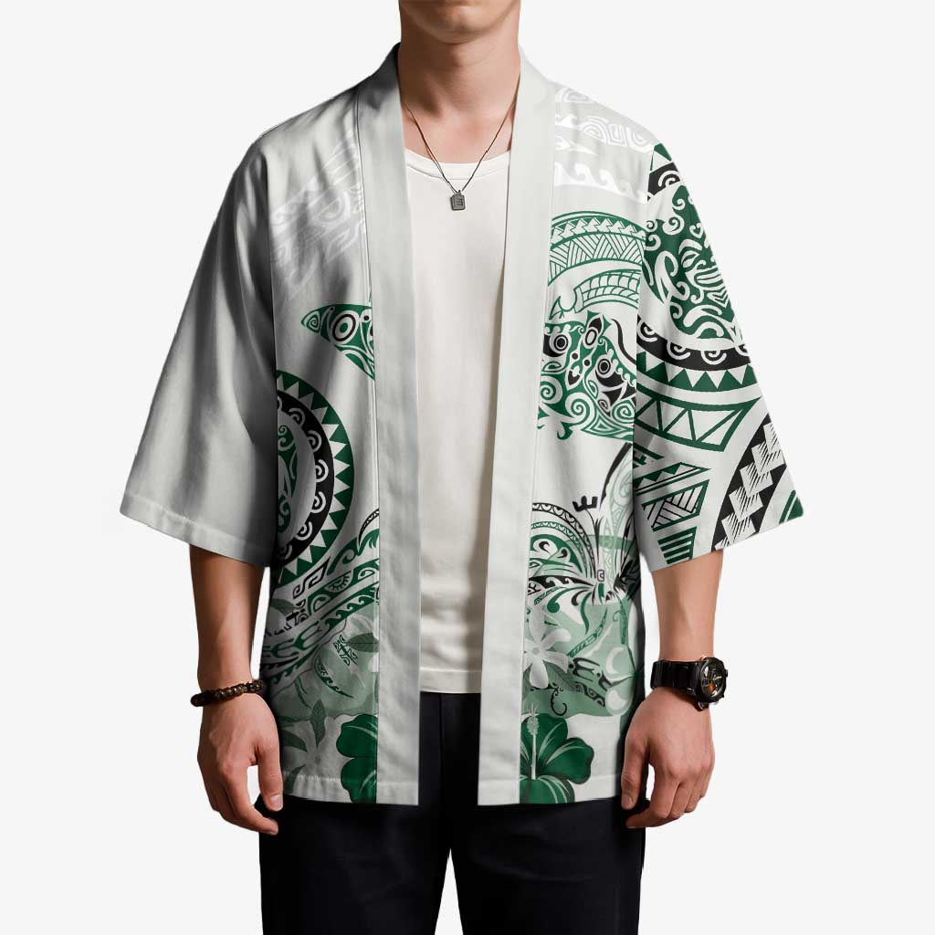 Polynesian Manta Ray Kimono Green Floral Turtle Tattoo - Polynesian Pride