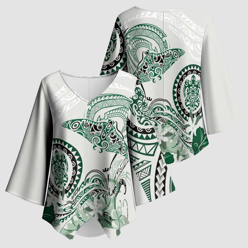 Polynesian Manta Ray Kimono Sleeve Blouse Green Floral Turtle Tattoo LT9 - Polynesian Pride
