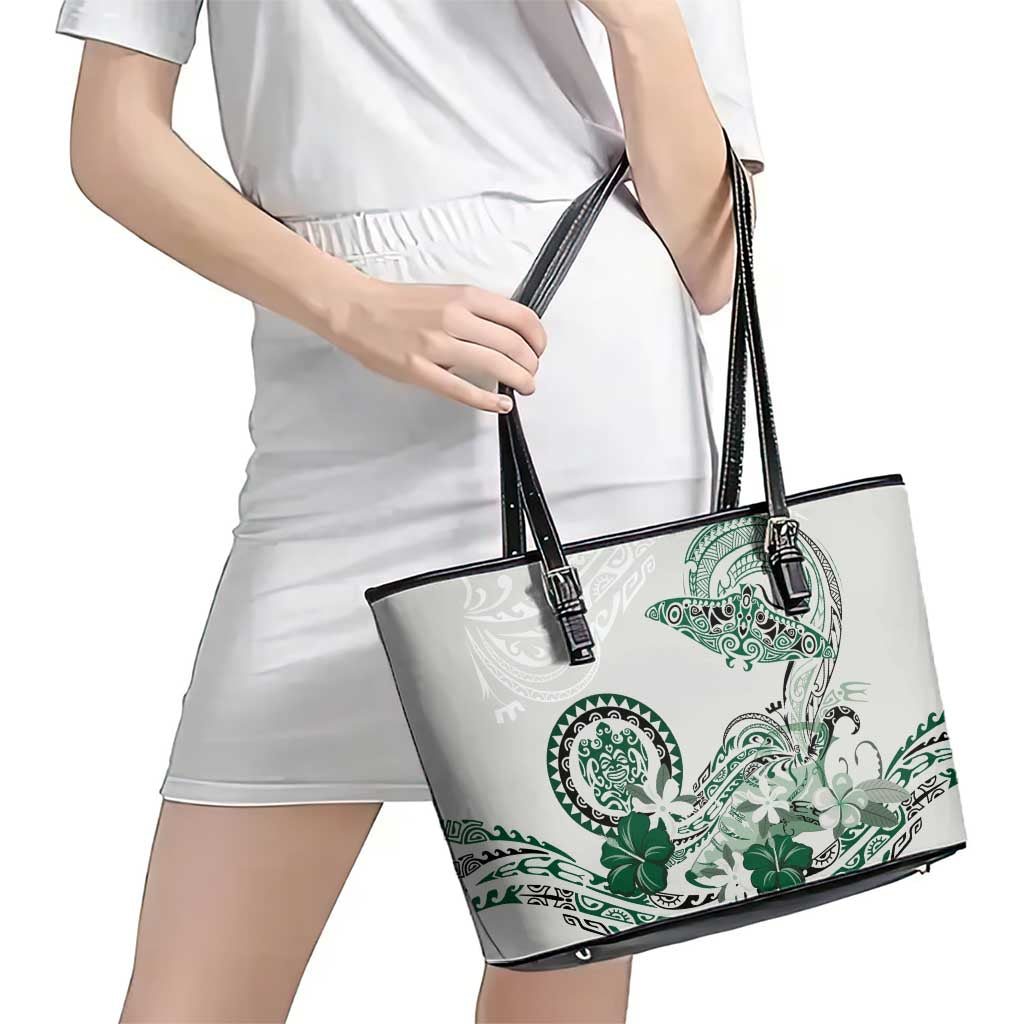 Polynesian Manta Ray Leather Tote Bag Green Floral Turtle Tattoo - Polynesian Pride