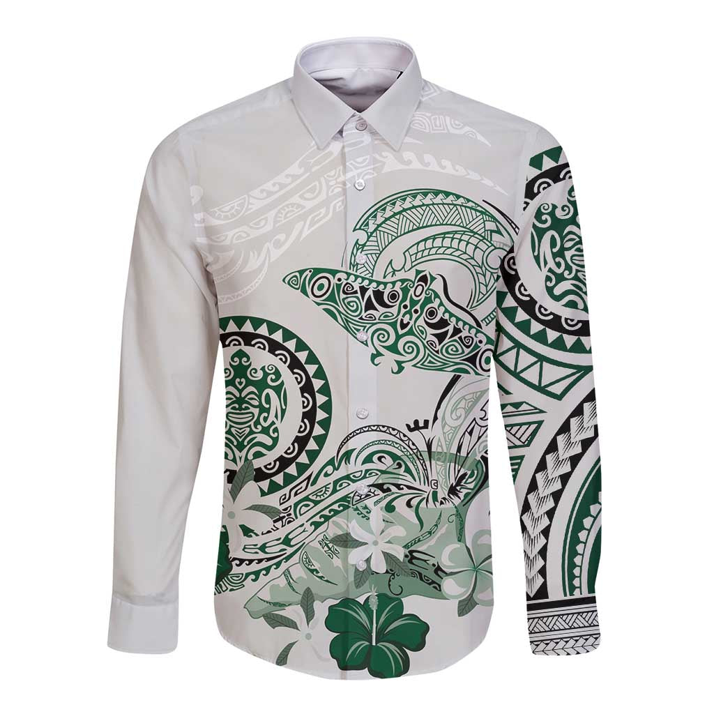 Polynesian Manta Ray Long Sleeve Button Shirt Green Floral Turtle Tattoo LT9 Unisex Green - Polynesian Pride
