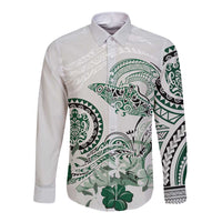 Polynesian Manta Ray Long Sleeve Button Shirt Green Floral Turtle Tattoo LT9 Unisex Green - Polynesian Pride