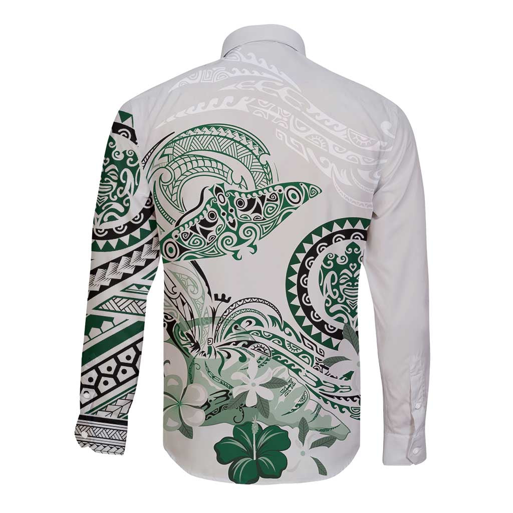 Polynesian Manta Ray Long Sleeve Button Shirt Green Floral Turtle Tattoo LT9 - Polynesian Pride