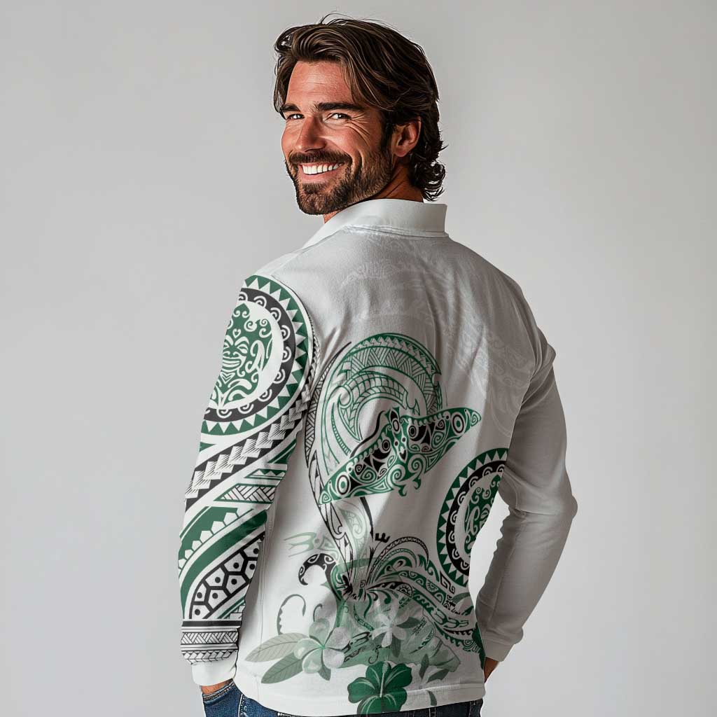 Polynesian Manta Ray Long Sleeve Polo Shirt Green Floral Turtle Tattoo LT9 - Polynesian Pride