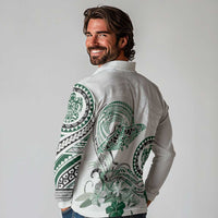 Polynesian Manta Ray Long Sleeve Polo Shirt Green Floral Turtle Tattoo LT9 - Polynesian Pride