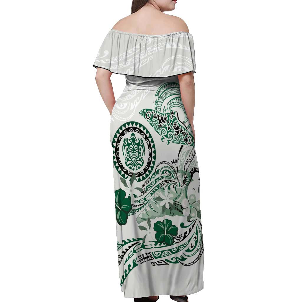 Polynesian Manta Ray Off Shoulder Maxi Dress Green Floral Turtle Tattoo - Polynesian Pride