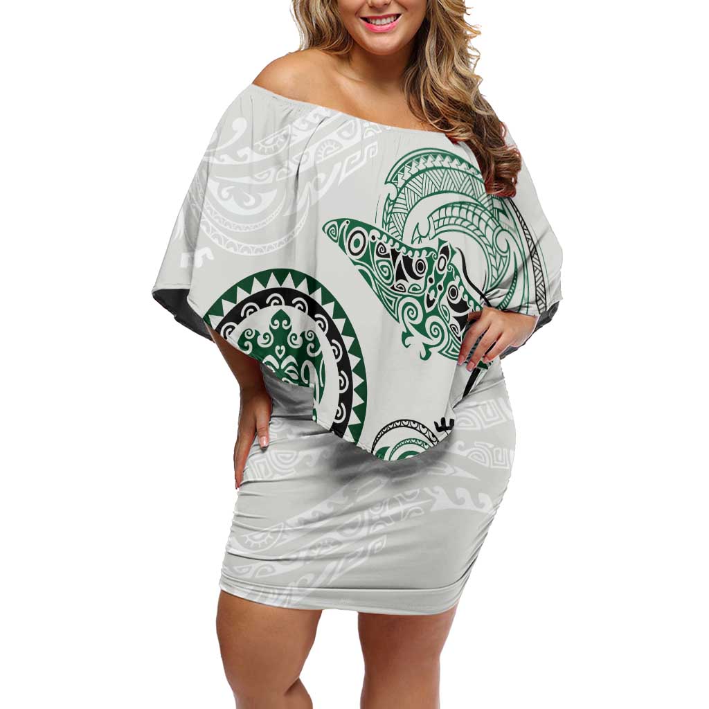 Polynesian Manta Ray Off Shoulder Short Dress Green Floral Turtle Tattoo - Polynesian Pride