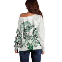 Polynesian Manta Ray Off Shoulder Sweater Green Floral Turtle Tattoo - Polynesian Pride
