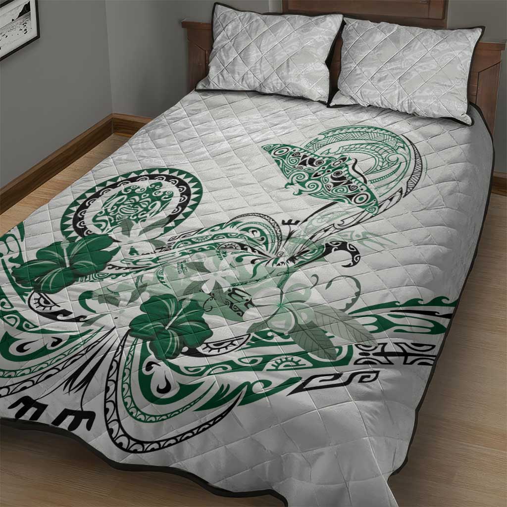 Polynesian Manta Ray Quilt Bed Set Green Floral Turtle Tattoo - Polynesian Pride