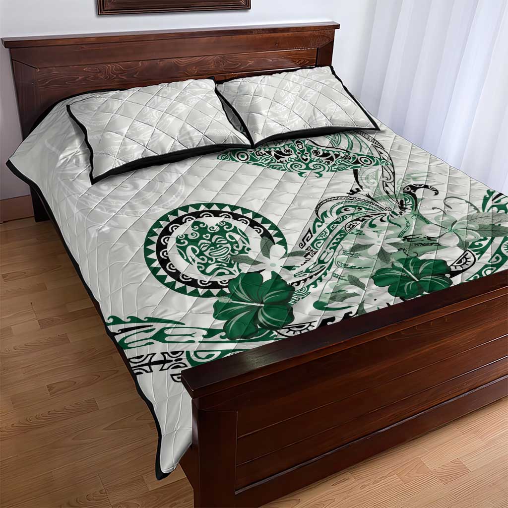 Polynesian Manta Ray Quilt Bed Set Green Floral Turtle Tattoo - Polynesian Pride