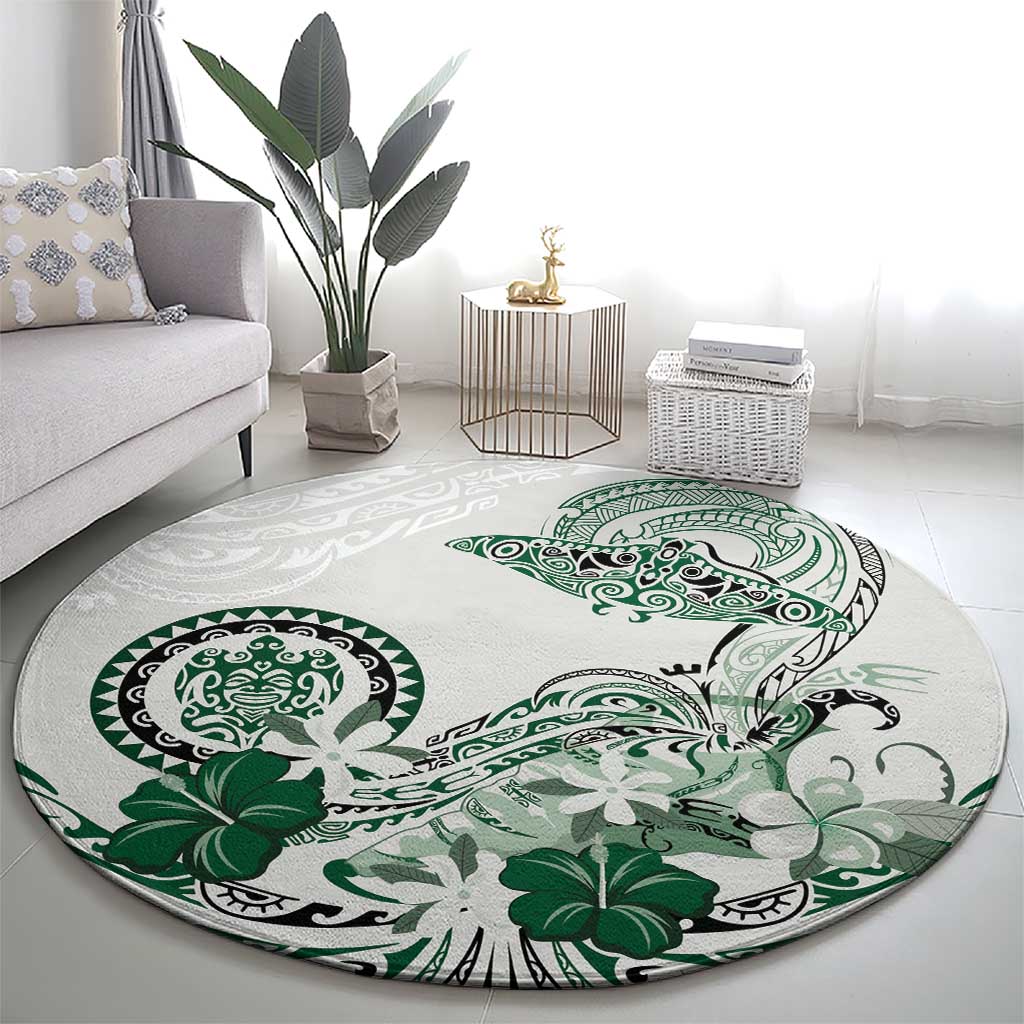 Polynesian Manta Ray Round Carpet Green Floral Turtle Tattoo - Polynesian Pride
