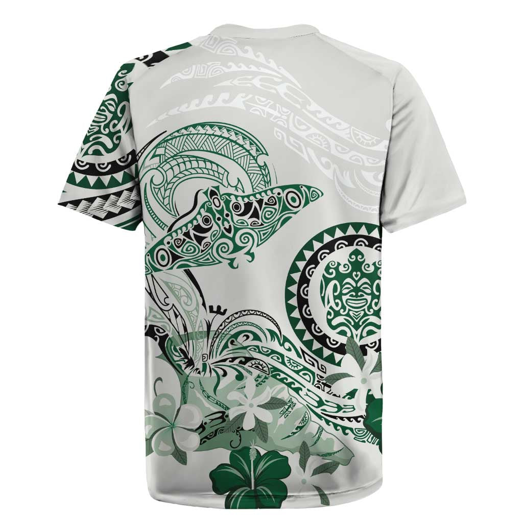 Polynesian Manta Ray Rugby Jersey Green Floral Turtle Tattoo LT9 - Polynesian Pride
