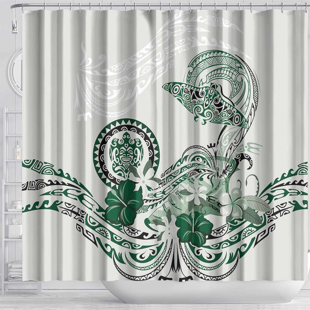 Polynesian Manta Ray Shower Curtain Green Floral Turtle Tattoo - Polynesian Pride