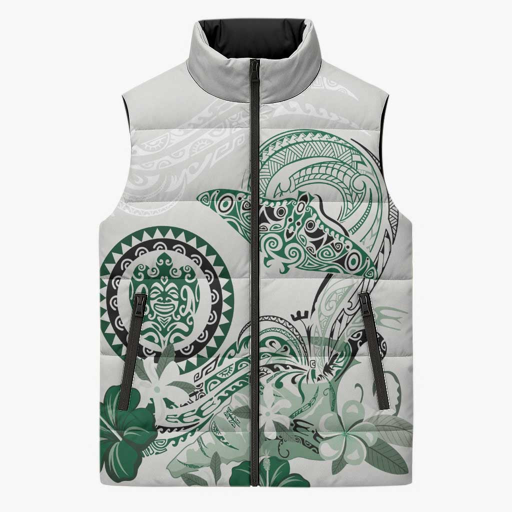 Polynesian Manta Ray Sleeveless Puffer Jacket Green Floral Turtle Tattoo LT9 Unisex Green - Polynesian Pride