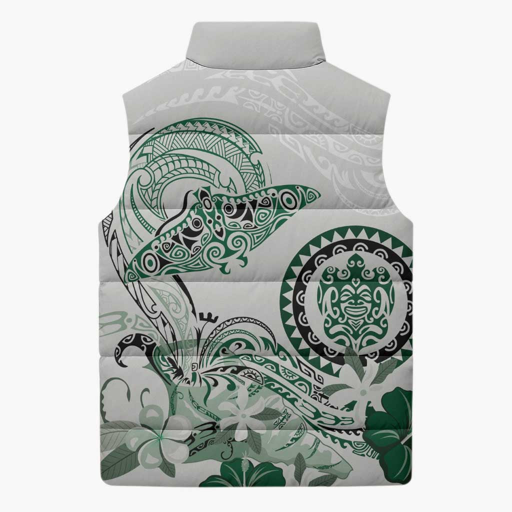 Polynesian Manta Ray Sleeveless Puffer Jacket Green Floral Turtle Tattoo LT9 - Polynesian Pride